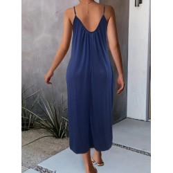 Kadın Ip Askılı Geniş V Yakalı Cepli Viskon Elbise , 24238