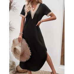 Kadın Kısa Kollu Dantel V Yakalı Uzun Viskon Elbise , 24253