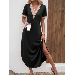 Kadın Kısa Kollu Dantel V Yakalı Uzun Viskon Elbise , 24253