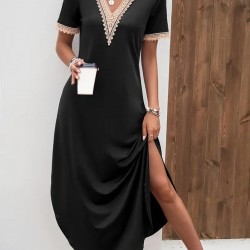 Kadın Kısa Kollu Dantel V Yakalı Uzun Viskon Elbise , 24253