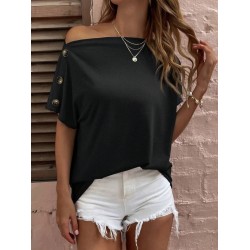 Kadın Tek Omuzu Açık Düğme Detaylı Salaş Viskon Bluz, 24269