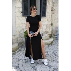 Kadın Kısa Kollu Sırt Dekolteli Yırtmaç Detaylı Viskon Elbise , 24043