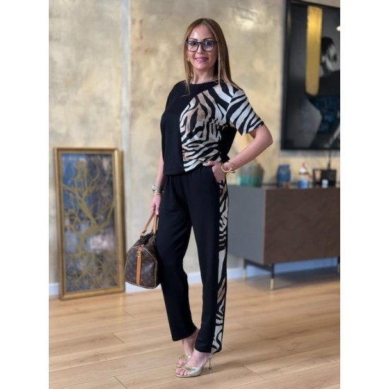 Kadın Kısa Kollu Bisiklet Yaka Zebra Desen Bluz Ve Pantolon Ikili Takım , 23967 Kadın Kısa Kollu Bisiklet Yaka Zebra Desen Bluz Ve Pantolon Ikili Takım , 23967