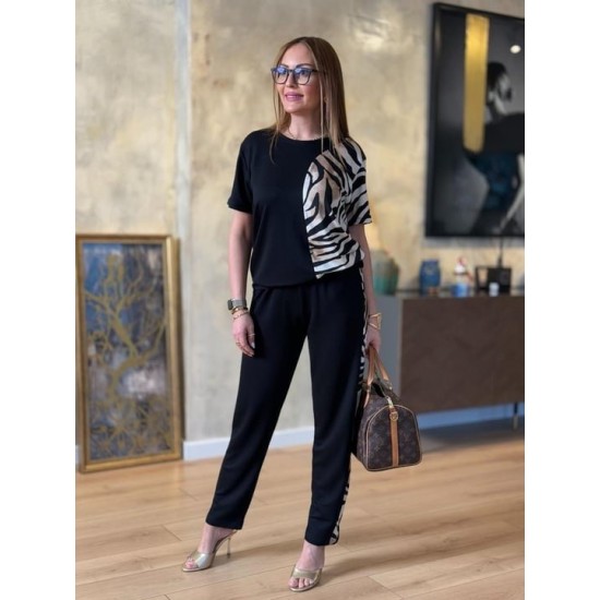 Kadın Kısa Kollu Bisiklet Yaka Zebra Desen Bluz Ve Pantolon Ikili Takım , 23967 Kadın Kısa Kollu Bisiklet Yaka Zebra Desen Bluz Ve Pantolon Ikili Takım , 23967