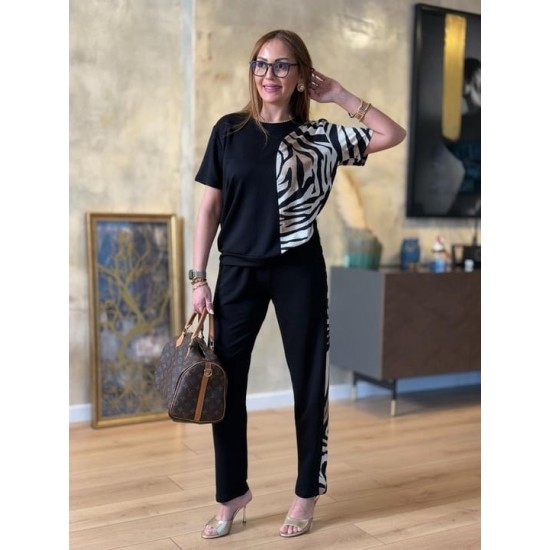 Kadın Kısa Kollu Bisiklet Yaka Zebra Desen Bluz Ve Pantolon Ikili Takım , 23967 Kadın Kısa Kollu Bisiklet Yaka Zebra Desen Bluz Ve Pantolon Ikili Takım , 23967