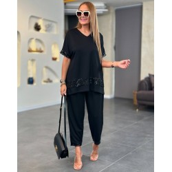 Kadın Kısa Kollu V Yakalı Pul Payetli Viskon Iki Iplik Bluz Ve Pantolon Ikili Takım , 24319