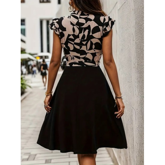 Kadın Kısa Kollu Kolu Fırfır Detay Mini Kuşaklı Kloş Krep Elbise, 24330 Kadın Kısa Kollu Kolu Fırfır Detay Mini Kuşaklı Kloş Krep Elbise, 24330