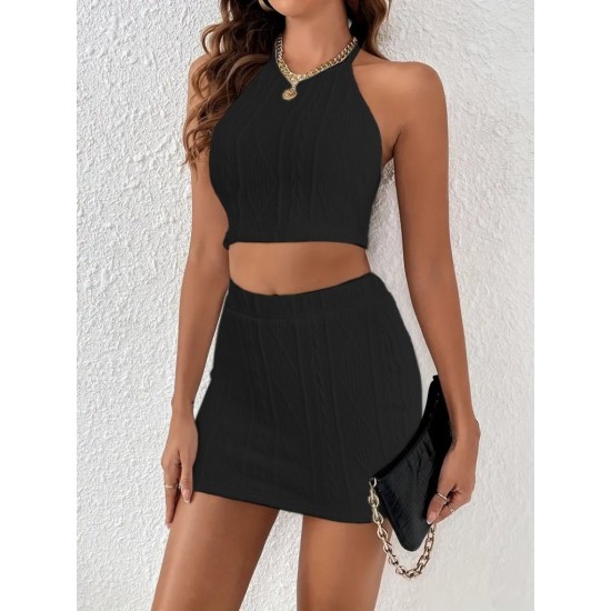 Kadın Sıfır Kol Crop Mini Etek Ikili Triko Takım, 24335 Kadın Sıfır Kol Crop Mini Etek Ikili Triko Takım, 24335