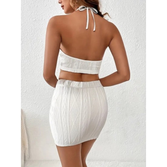 Kadın Sıfır Kol Crop Mini Etek Ikili Triko Takım , 24334 Kadın Sıfır Kol Crop Mini Etek Ikili Triko Takım , 24334