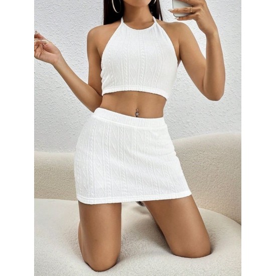 Kadın Sıfır Kol Crop Mini Etek Ikili Triko Takım , 24334 Kadın Sıfır Kol Crop Mini Etek Ikili Triko Takım , 24334