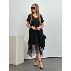 Women' S Short-sleeved Round Tulle Asymmetrical Detail Viscose Dress, 24331 Women' S Short-sleeved Round Tulle Asymmetrical Detail Viscose Dress, 24331