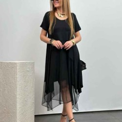 Kadın Kısa Kollu Yuvarlak Tüllü Asimetrik Detaylı Viskon Elbise, 24331