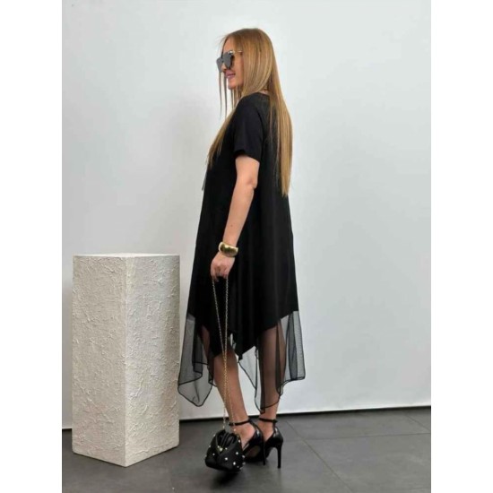 Kadın Kısa Kollu Yuvarlak Tüllü Asimetrik Detaylı Viskon Elbise, 24331