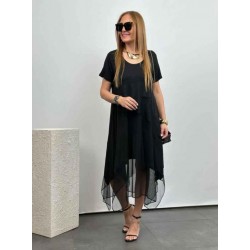 Kadın Kısa Kollu Yuvarlak Tüllü Asimetrik Detaylı Viskon Elbise, 24331