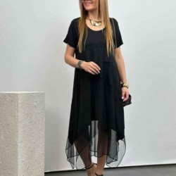 Kadın Kısa Kollu Yuvarlak Tüllü Asimetrik Detaylı Viskon Elbise, 24331