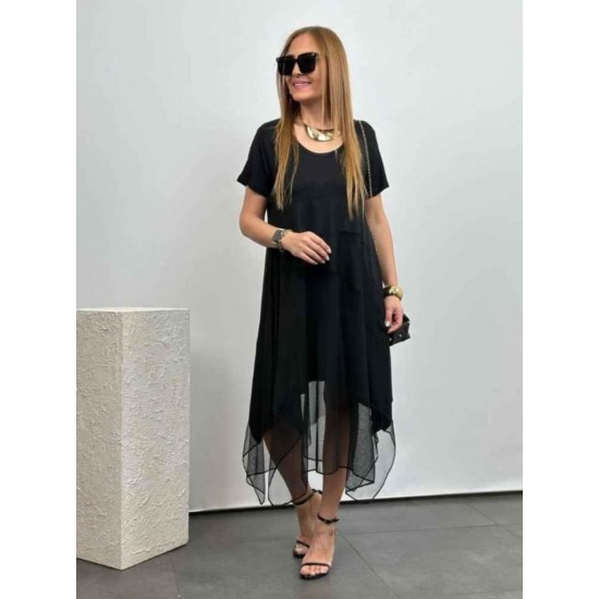 Kadın Kısa Kollu Yuvarlak Tüllü Asimetrik Detaylı Viskon Elbise, 24331