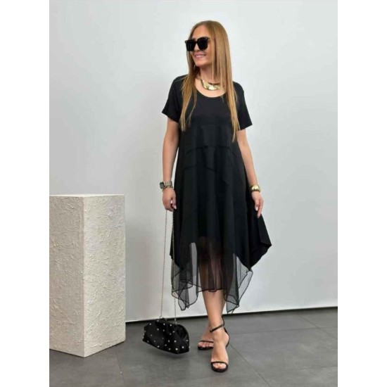Kadın Kısa Kollu Yuvarlak Tüllü Asimetrik Detaylı Viskon Elbise, 24331