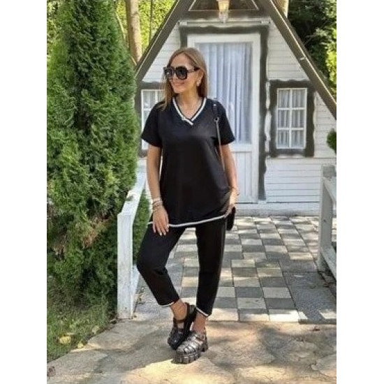 Kadın Kısa Kollu V Yakalı Iki Iplik Bluz Ve Pantolon Ikili Takım , 24344