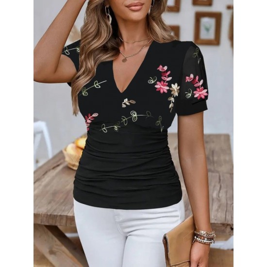 Women' S Short Sleeve Floral Embroidery V-neck Viscose Blouse , 24340 Women' S Short Sleeve Floral Embroidery V-neck Viscose Blouse , 24340