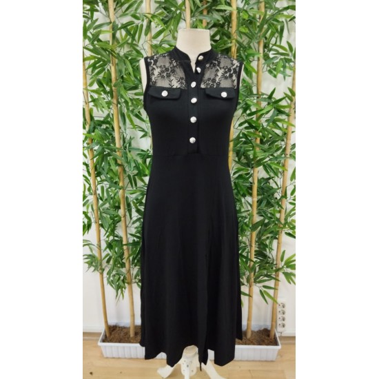 Women' S Sleeveless, Mandarin Collar, Front Buttoned, Lace Detailed, Slit Viscose Midi Dress , 24339 Women' S Sleeveless, Mandarin Collar, Front Buttoned, Lace Detailed, Slit Viscose Midi Dress , 24339