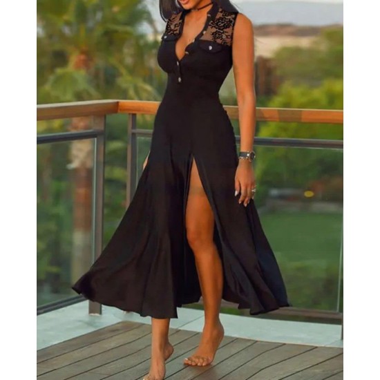 Women' S Sleeveless, Mandarin Collar, Front Buttoned, Lace Detailed, Slit Viscose Midi Dress , 24339 Women' S Sleeveless, Mandarin Collar, Front Buttoned, Lace Detailed, Slit Viscose Midi Dress , 24339