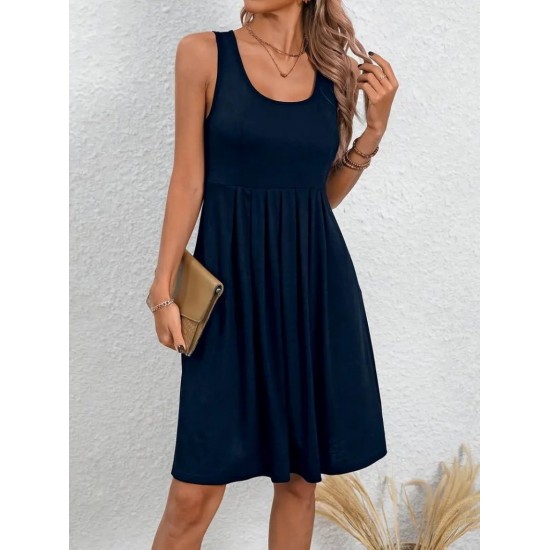Women' S Strappy Round Neck Front Pleated Viscose Dress , 24347 Women' S Strappy Round Neck Front Pleated Viscose Dress , 24347