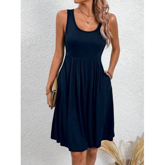 Women' S Strappy Round Neck Front Pleated Viscose Dress , 24347 Women' S Strappy Round Neck Front Pleated Viscose Dress , 24347