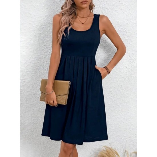 Women' S Strappy Round Neck Front Pleated Viscose Dress , 24347 Women' S Strappy Round Neck Front Pleated Viscose Dress , 24347
