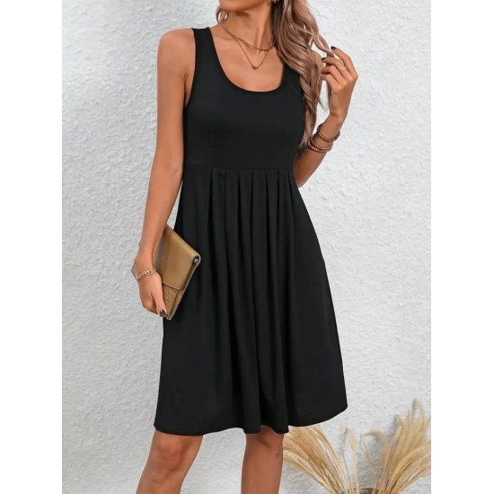 Women' S Strappy Round Neck Front Pleated Viscose Dress , 24345 Women' S Strappy Round Neck Front Pleated Viscose Dress , 24345