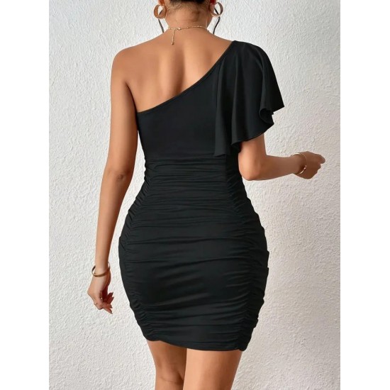 Kadın Tek Omuzu Açık Asimetrik Yaka Detaylı Büzgülü Sandy Elbise , 24377