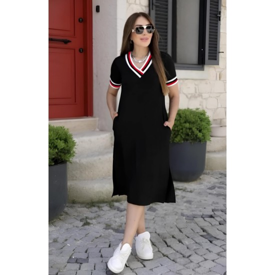 Kadın Kısa Kollu V Yaka Ribana Detay Midiboy Viskon Elbise, 24397