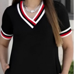 Kadın Kısa Kollu V Yaka Ribana Detay Midiboy Viskon Elbise, 24397