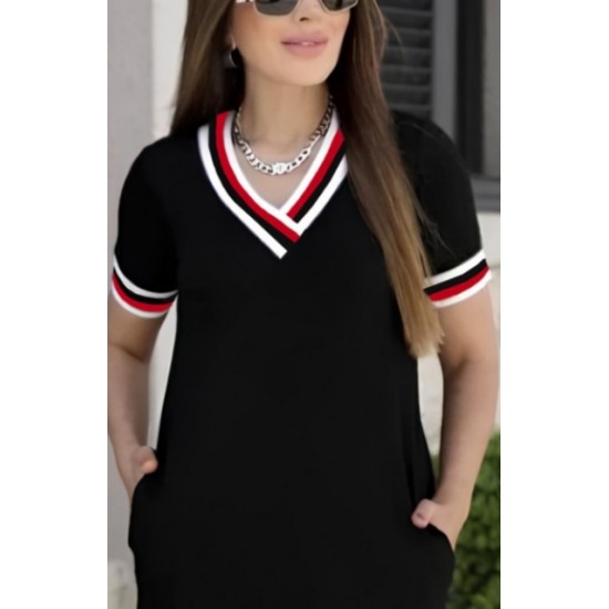 Kadın Kısa Kollu V Yaka Ribana Detay Midiboy Viskon Elbise, 24397