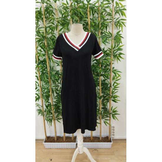 Kadın Kısa Kollu V Yaka Ribana Detay Midiboy Viskon Elbise, 24397