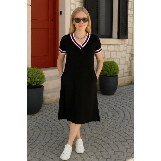 Kadın Kısa Kollu V Yaka Ribana Detay Midiboy Viskon Elbise, 24397