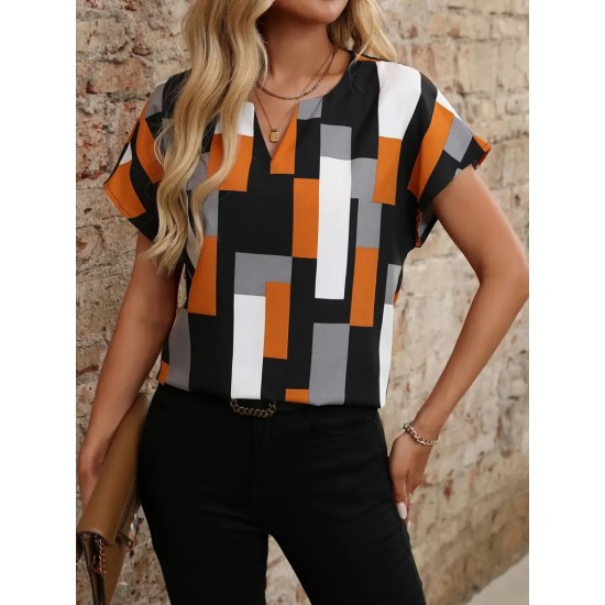 Kadın Kısa Kollu V Yakalı Yarasa Kollu Atlas Bluz, 24410