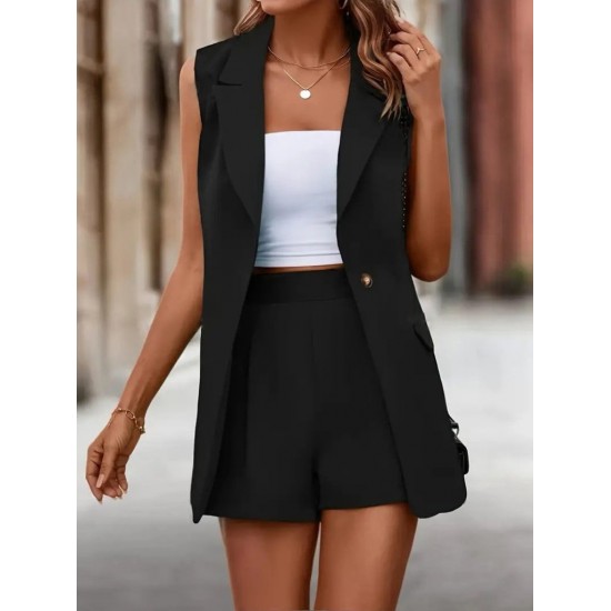 Kadın Sıfır Kol Tek Düğmeli Blazer Atlas Ceket Ve Short Ikili Takım , 24406 Kadın Sıfır Kol Tek Düğmeli Blazer Atlas Ceket Ve Short Ikili Takım , 24406
