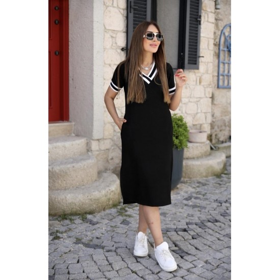 Kadın Kısa Kollu V Yaka Kol Ve Yaka Ribana Detay Midi Boy Viskon Elbise, 24395 Kadın Kısa Kollu V Yaka Kol Ve Yaka Ribana Detay Midi Boy Viskon Elbise, 24395