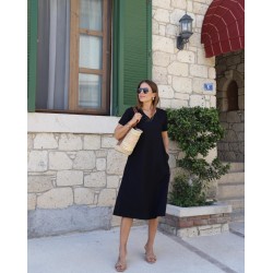 Kadın Kısa Kollu V Yaka Cepli A Kesim Detaylı Viskon Elbise, 24433