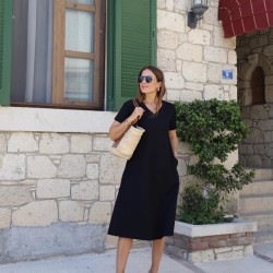 Kadın Kısa Kollu V Yaka Cepli A Kesim Detaylı Viskon Elbise, 24433