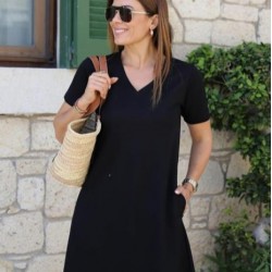 Kadın Kısa Kollu V Yaka Cepli A Kesim Detaylı Viskon Elbise, 24433 Kadın Kısa Kollu V Yaka Cepli A Kesim Detaylı Viskon Elbise, 24433