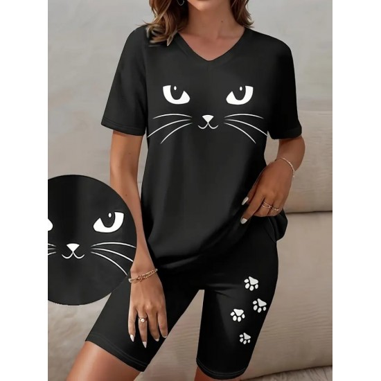 Kadın Kısa Kollu V Yakalı Kedi Desenli Viskon Iki Iplik Bluz Ve şort Ikili Takım, 24432 Kadın Kısa Kollu V Yakalı Kedi Desenli Viskon Iki Iplik Bluz Ve şort Ikili Takım, 24432