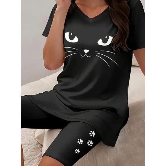Kadın Kısa Kollu V Yakalı Kedi Desenli Viskon Iki Iplik Bluz Ve şort Ikili Takım, 24432 Kadın Kısa Kollu V Yakalı Kedi Desenli Viskon Iki Iplik Bluz Ve şort Ikili Takım, 24432