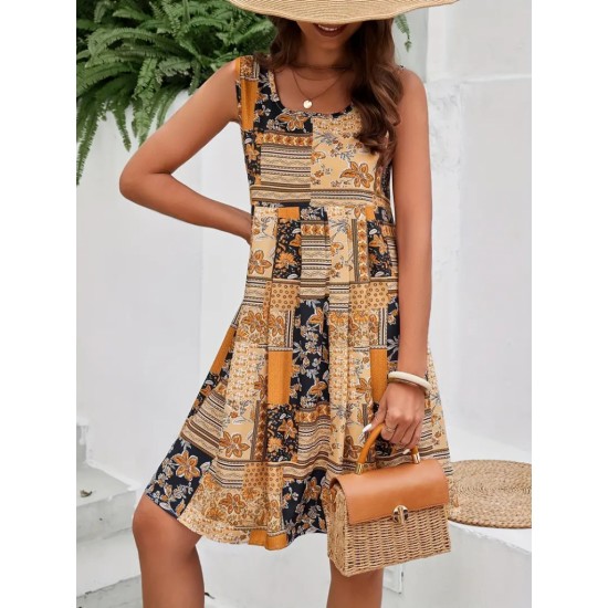 Kadın Sıfır Kol Yuvarlak Yaka çiçek Desenli Süprem Elbise, 24440