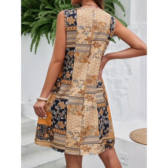 Kadın Sıfır Kol Yuvarlak Yaka çiçek Desenli Süprem Elbise, 24440