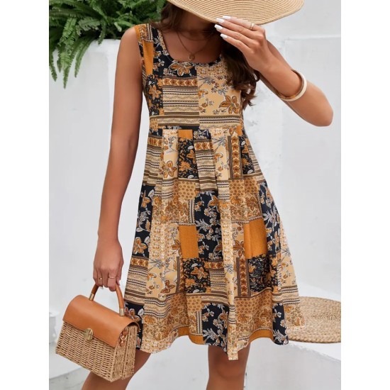 Kadın Sıfır Kol Yuvarlak Yaka çiçek Desenli Süprem Elbise, 24440