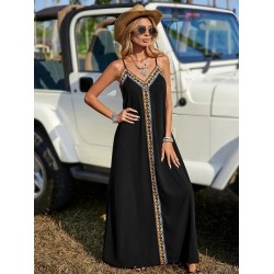 Kadın Askılı V Yakalı Etnik şerit Detaylı Uzun Viskon Elbise , 24438