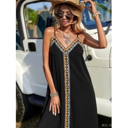 Kadın Askılı V Yakalı Etnik şerit Detaylı Uzun Viskon Elbise , 24438