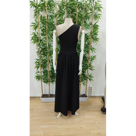 Kadın Omuzlardan Açık Asimetrik Yaka Detaylı Yırtmaçlı Maksi Boy Janjan Krep Elbise, 24449