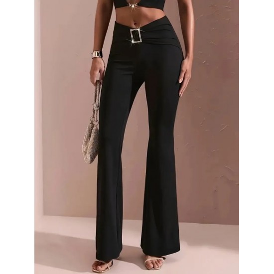 Kadın Yüksek Bel Tokalı Ispanyol Paçalı Dalgıç Pantolon , 24464